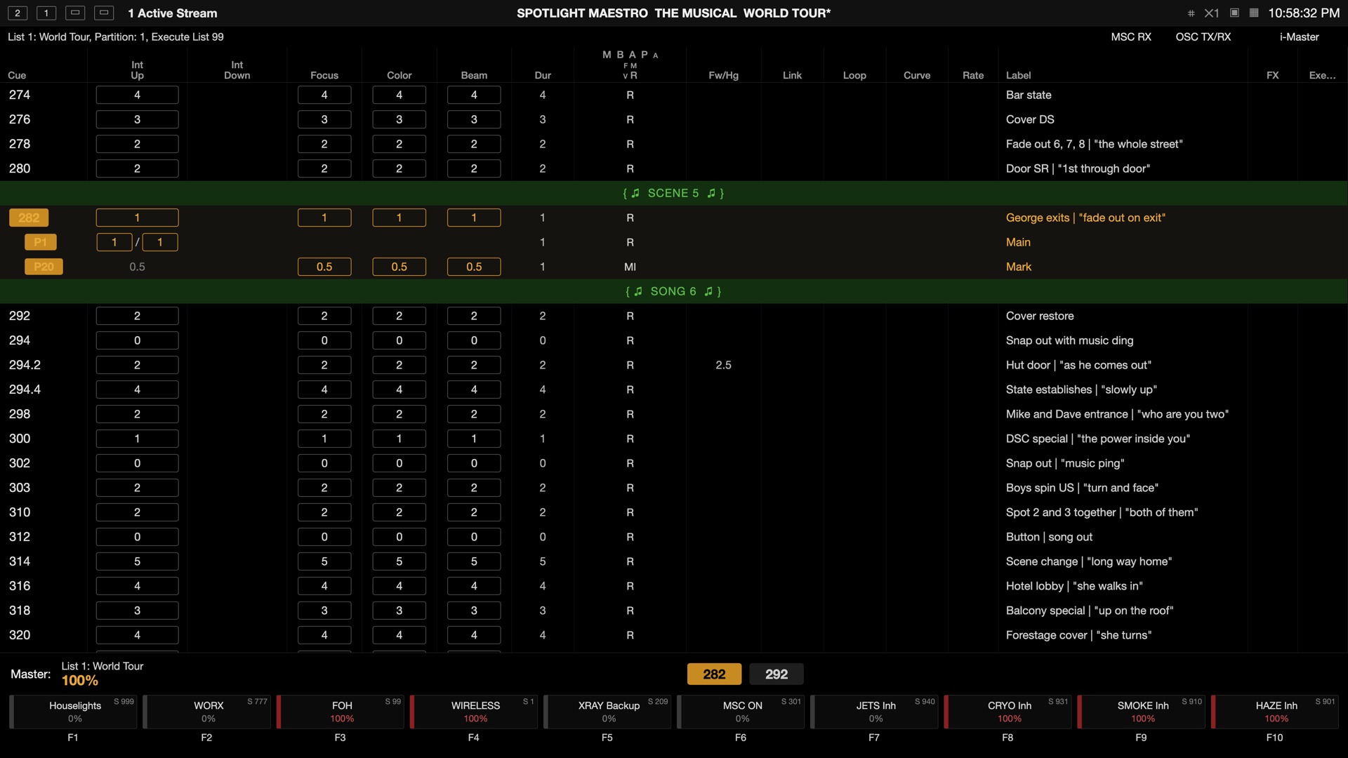 A followspot cue list on a lighting desk