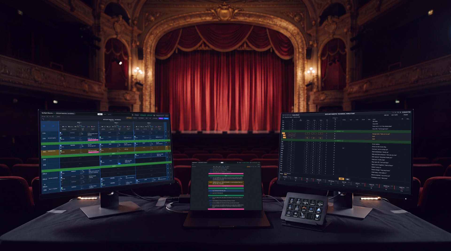 Spotlight Maestro running across a production desk in an empty theatre