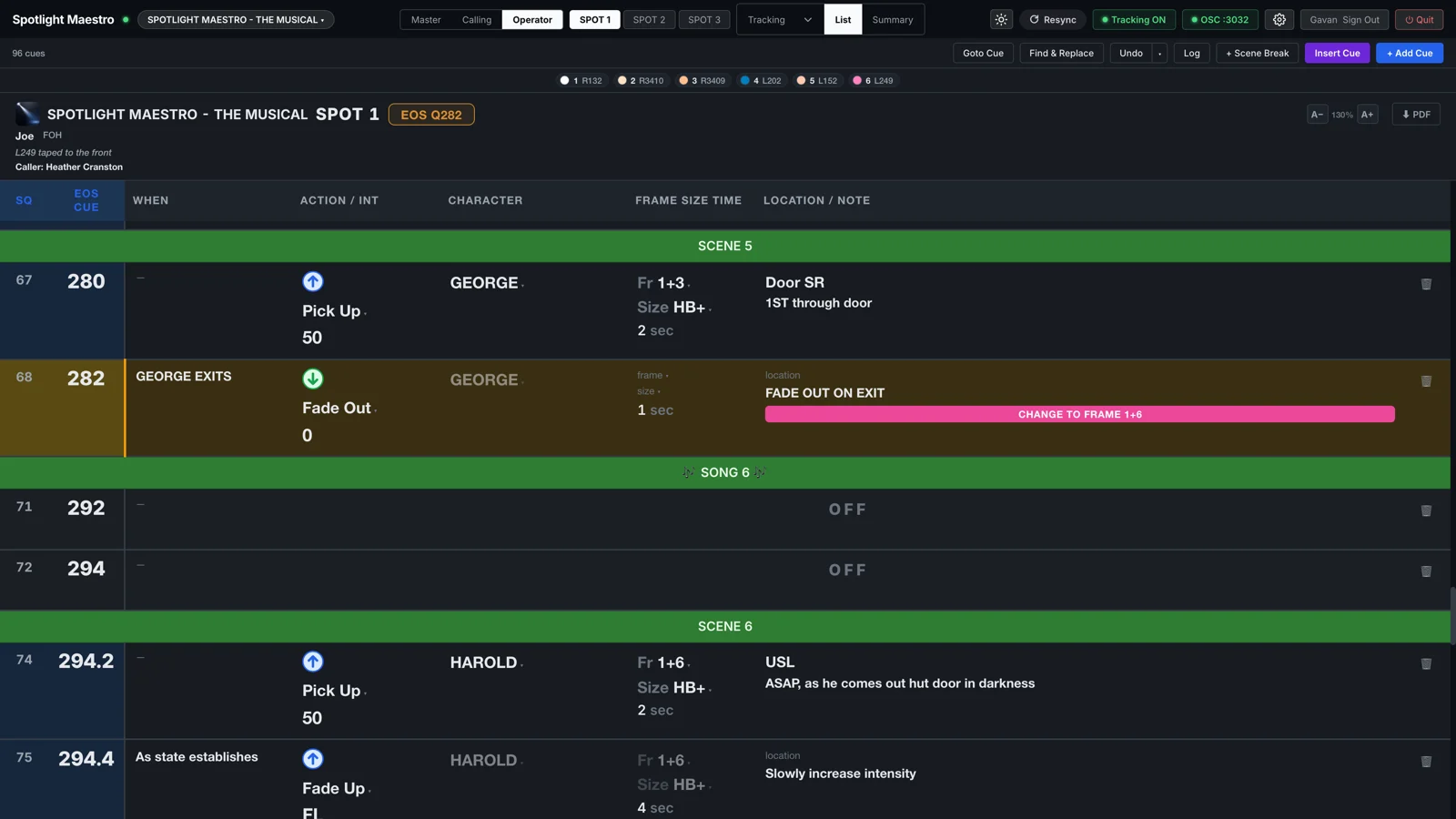 The list view: the spot's cues as a dense editable table