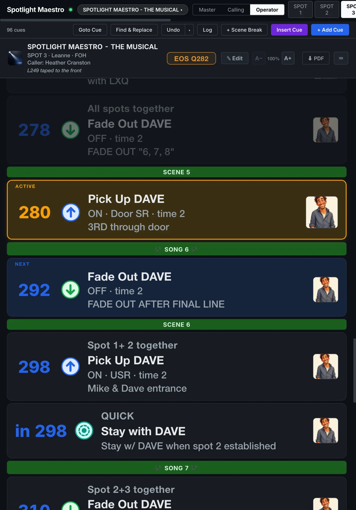 Spot 3's tracking view in portrait, in ceiling mode with the desk owning colour and size: every cue reads ON or OFF, with no frame or size shown