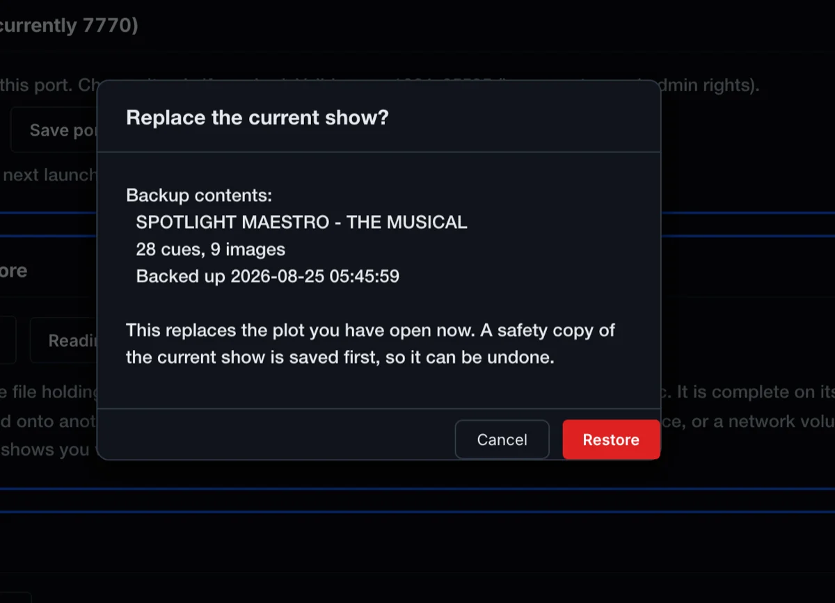 The Restore dialog listing the backup's contents and promising a safety copy before anything is replaced