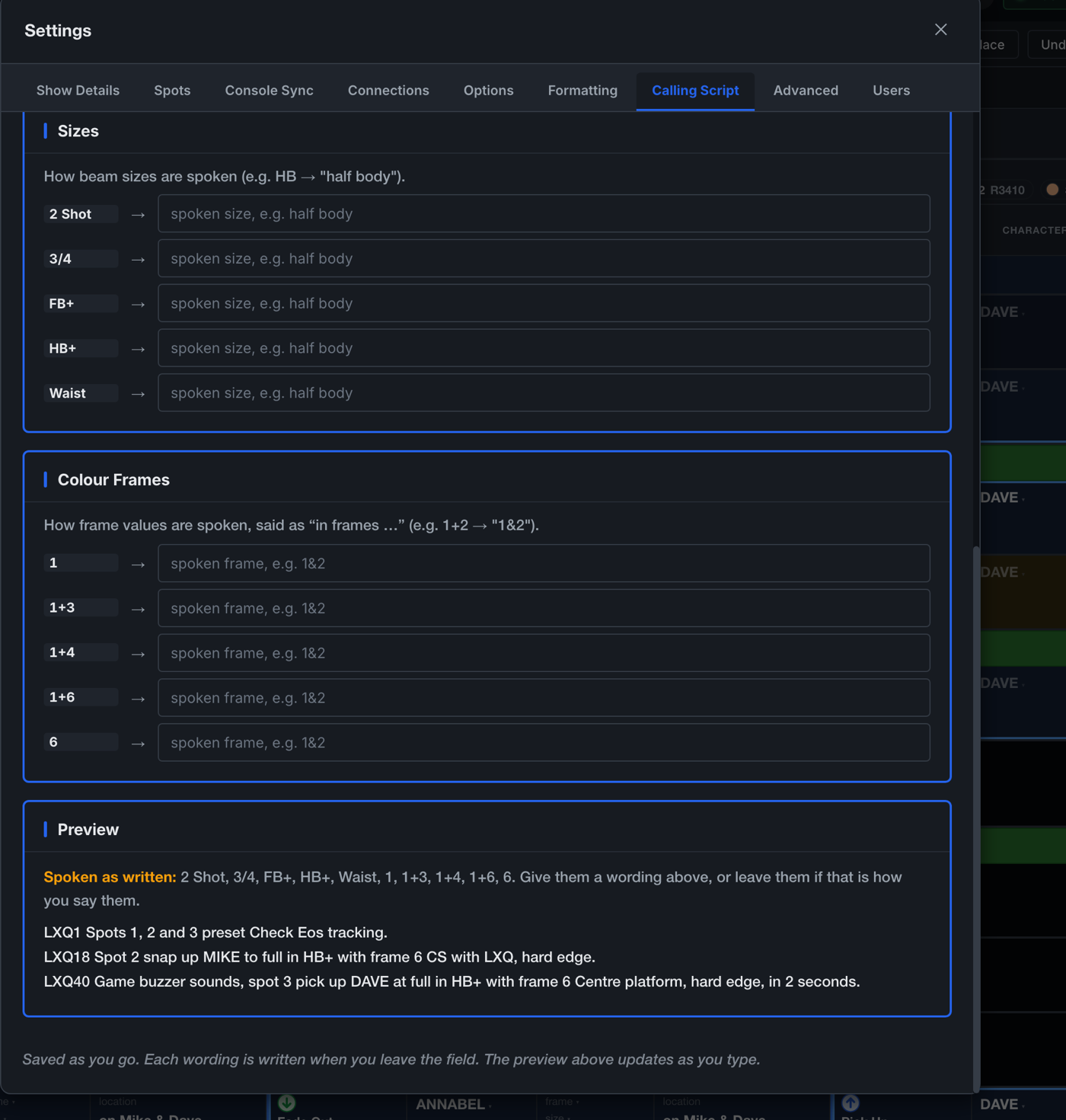 Settings, Calling Script: the lexicon, each written code beside the words spoken for it.