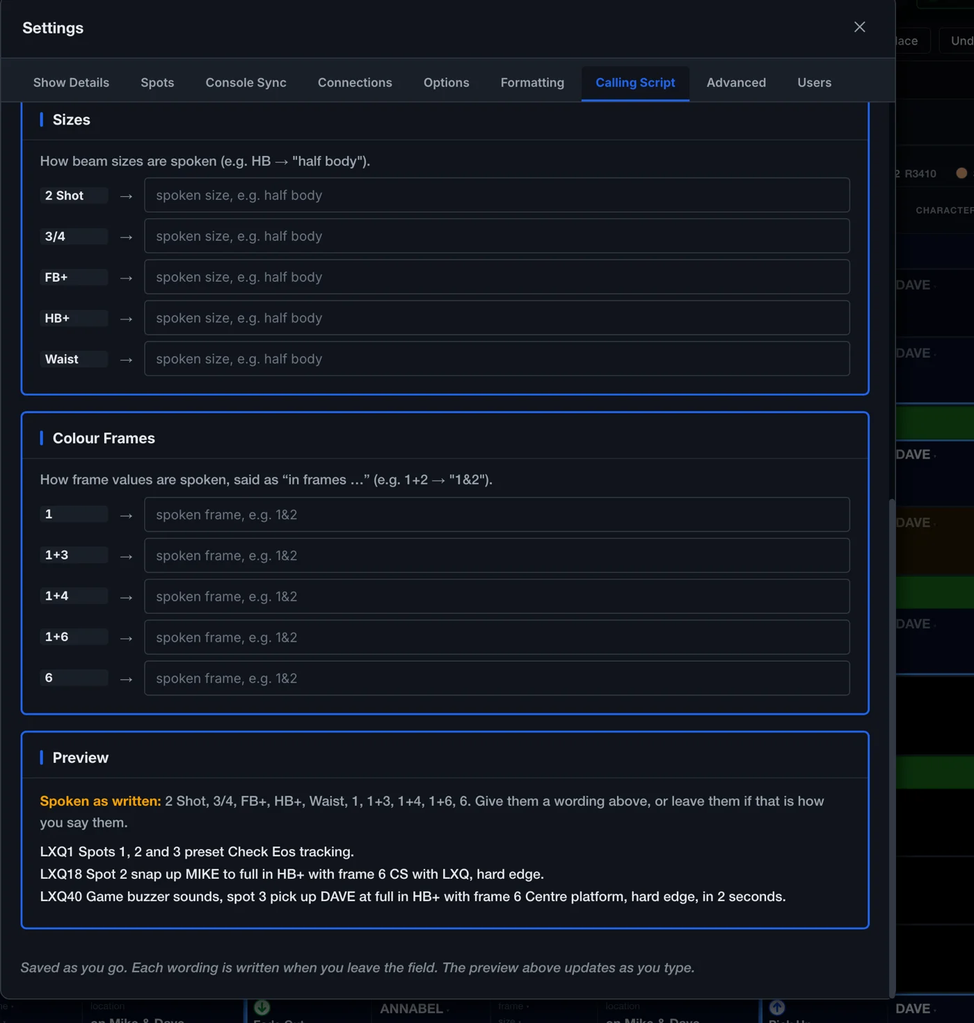The lexicon editor: each written size code beside the words spoken for it