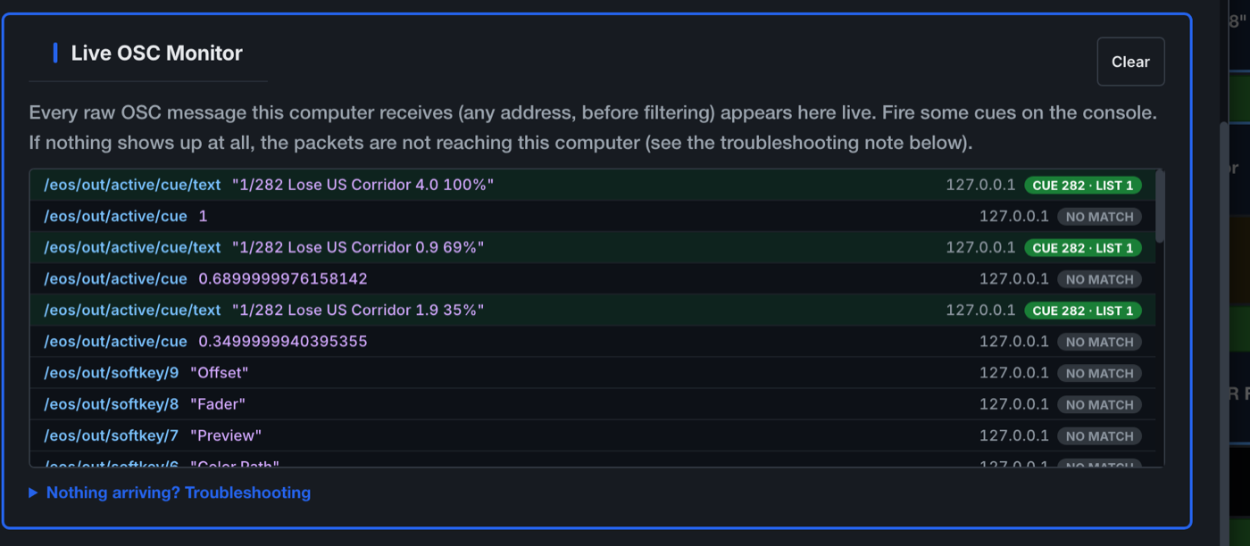 The live monitor: matched cue messages tagged with their cue and list, discarded traffic labelled with the reason, and Send Test Cue below.