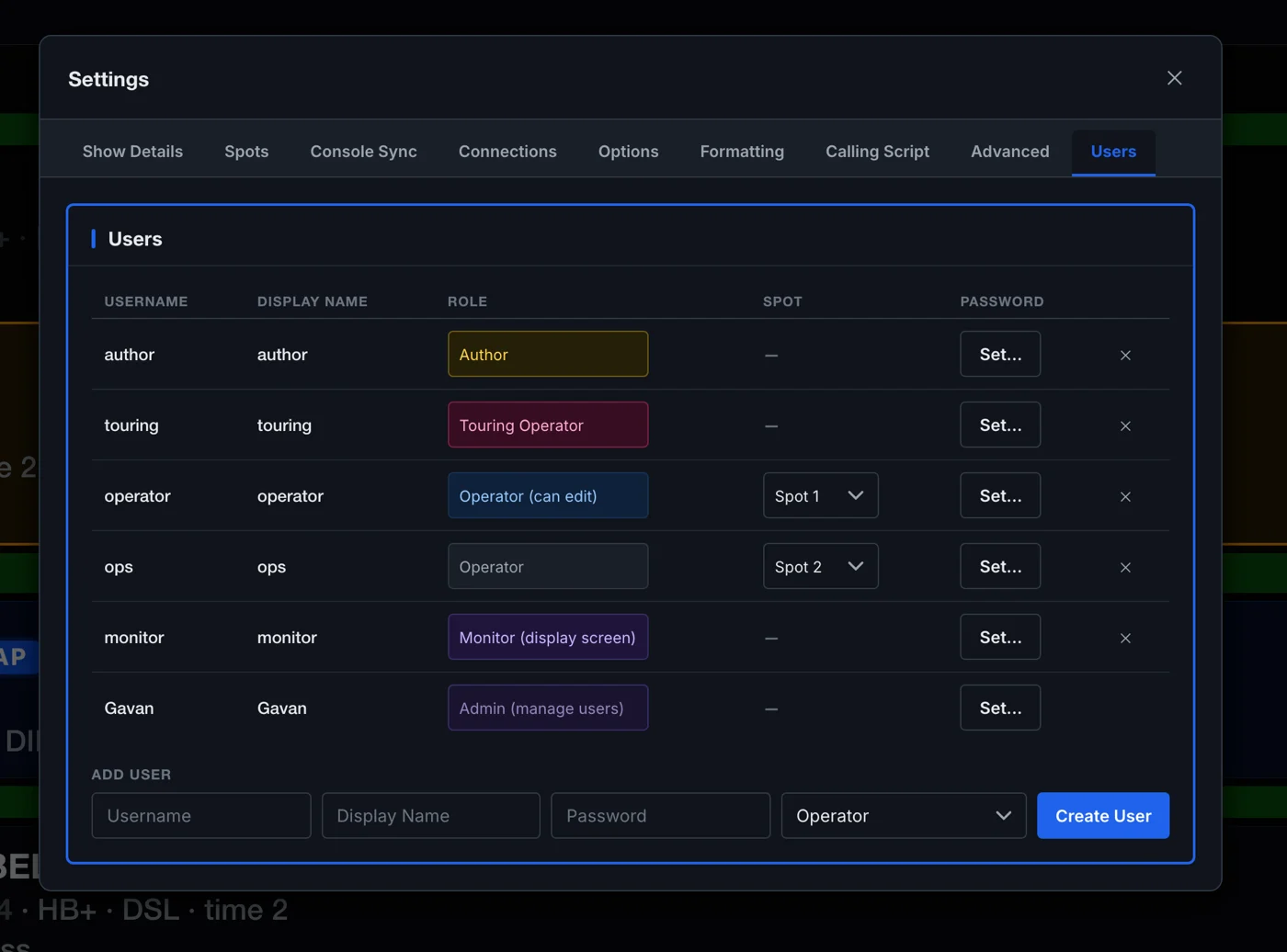 The Users tab: accounts, roles, assigned spots